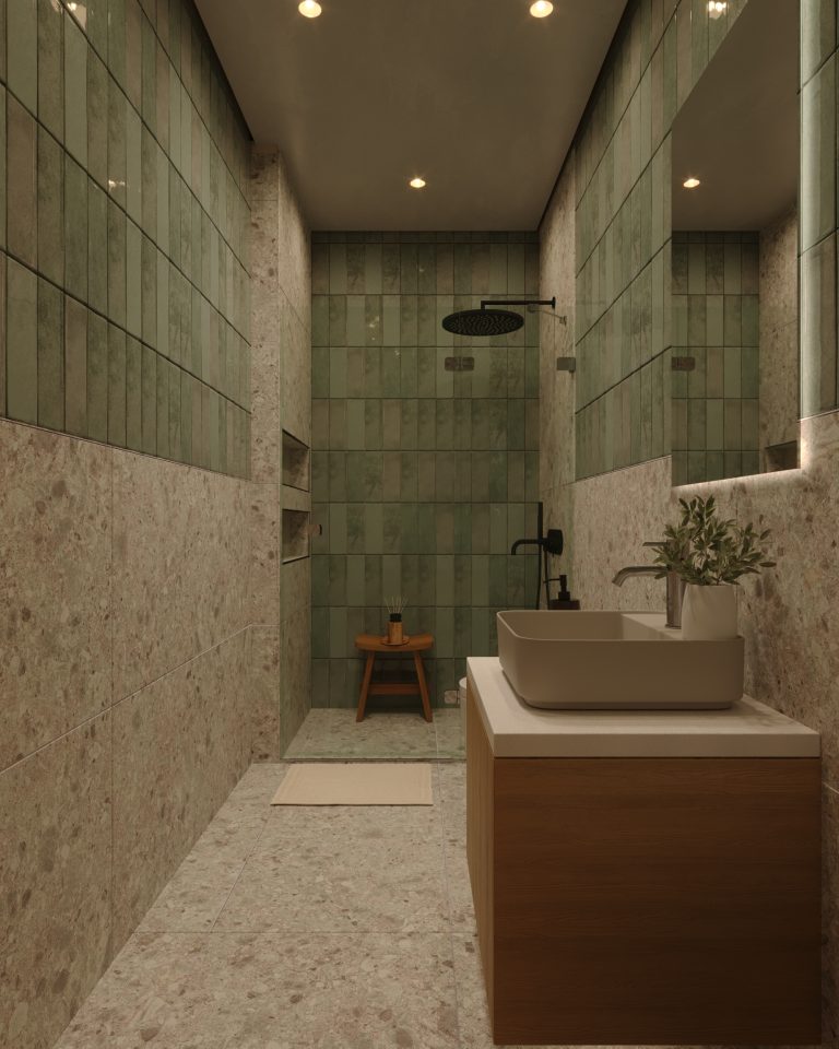 Doğal taş yüzeyli banyo